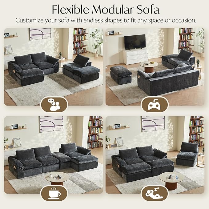 Vamcheer U Shaped Cloud Couch - Utra Soft Modular Sectional Sofa with 2 Movable Ottoman, Deep Seat Boneless Couches for Living Room, Bedroom, Office, No Assembly Required, Grey