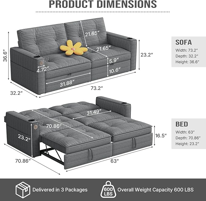 Rovibek 73.2" Convertible Sofa Bed, Pull Out Couch with USB Charging Port & Cup Holders, Adjustable Backrest, Side Pockets, Modern Corduroy Sleeper Sofa for Living Room, Bedroom, Apartment, Grey