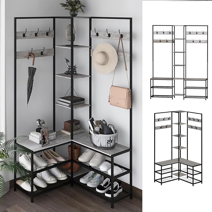 GiftGo Corner Hall Tree with Shoe Rack Storage Bench Display Open Shelves Modern Industrial Entryway Coat Rack Stand for Home Living Room Mudroom Bedroom Multifuncitonal 5 in 1 (Greige) by GiftGoDirect