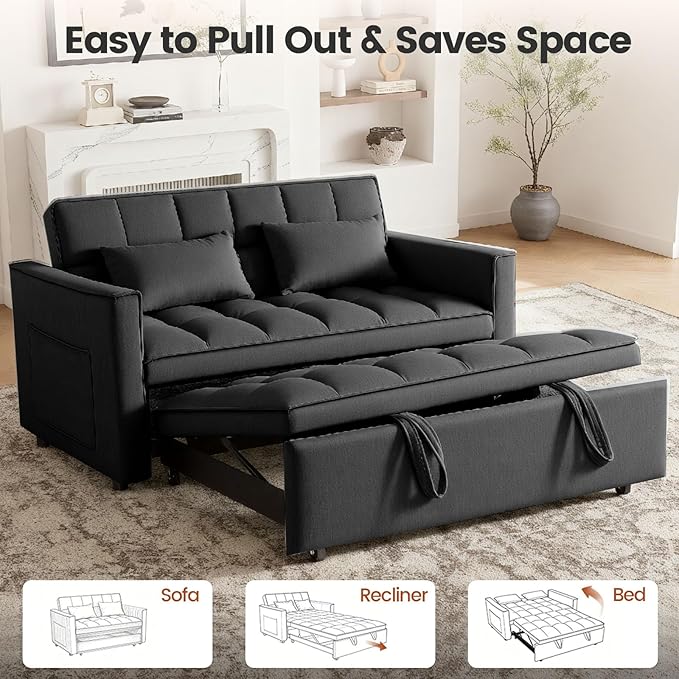 3 in 1 Convertible Sofa Bed, Love Seat Sleeper Bed with Side Pockets, Velvet Fabric Pull Out Couch with Adjustable Backrest for Living Room, Bedroom, Apartment, Black
