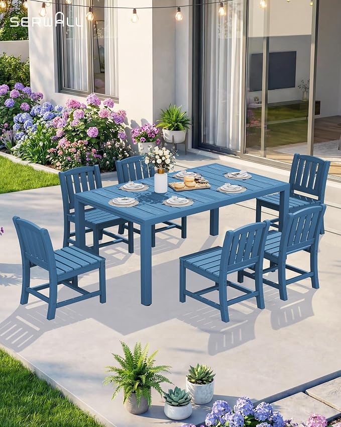 SERWALL Outdoor Expandable Dining Table 60" - 83", Patio Dining Table for 4-10 People, All Weather HDPE and Aluminum Outdoor Furniture, Blue - Image 4