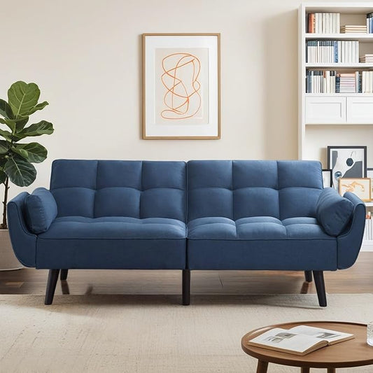 Convertible Futon Sofa Bed, Modern Futon Couch with 2 Pillows, Small Futons Couch with Adjustable Armrest & Backrest, Loveseat Sofa Bed for Living Room, Bedroom, Blue