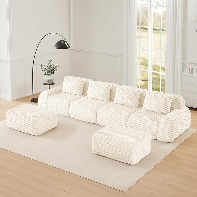 146" U-Shaped Compressed Sectional Cloud Sofa, Flannel Upholstered Modular Deep Seat Sofa with 6 Pieces, Symmetrical Boneless Foam Modular Cloud Couches for Living Room