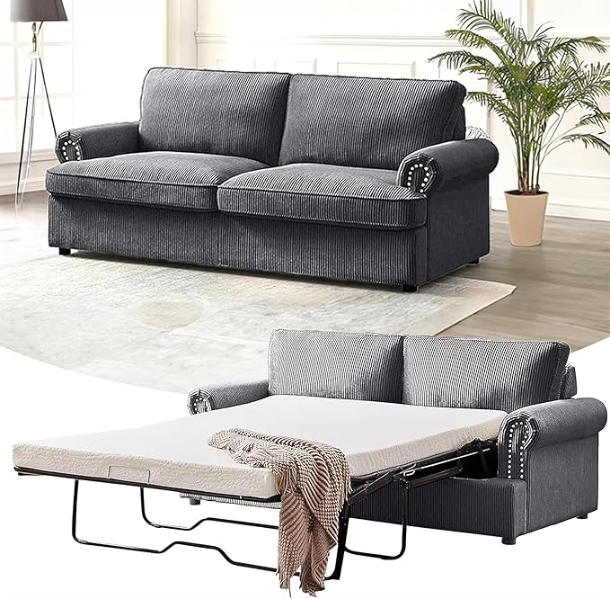 Reversible Sleeper Sofa Bed with Comfortable Memory Foam Mattress, Convertible Corduroy Full Size Pull Out Couch for Living Room, Space Saving Furniture, 76" Wide, Rounded Arms, Grey