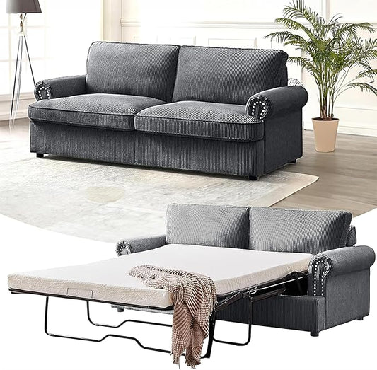 Reversible Sleeper Sofa Bed with Comfortable Memory Foam Mattress, Convertible Corduroy Full Size Pull Out Couch for Living Room, Space Saving Furniture, 76" Wide, Rounded Arms, Grey