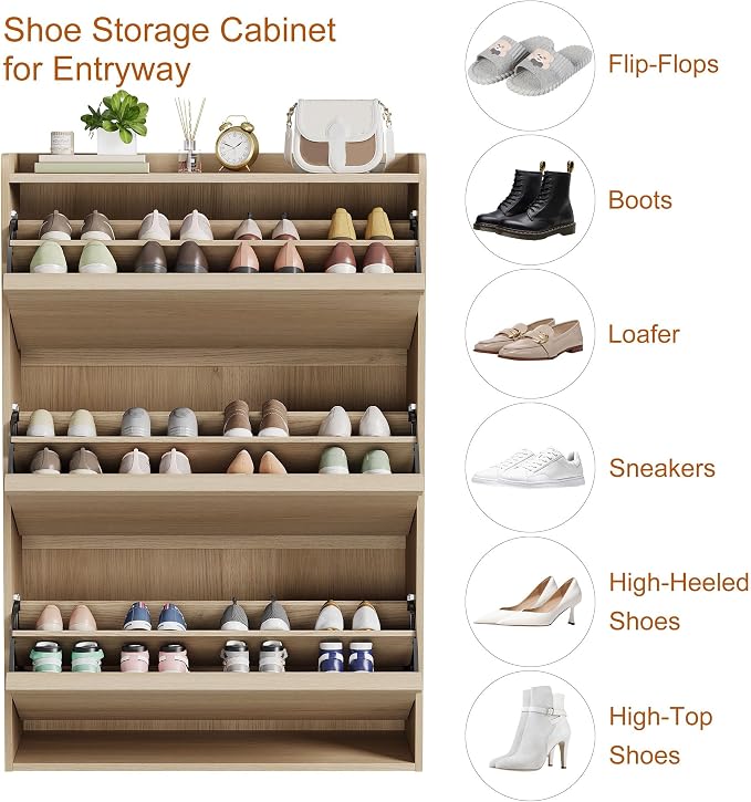 GarveeHome Shoe Cabinet with 3 Flip Drawers, Wooden Shoe Organizer Cabinet with Adjustable Shelf, Shoe Storage for Entryway, Hidden Shoe Cabinet for Hallway, Living Room, Natural Oak - Image 4
