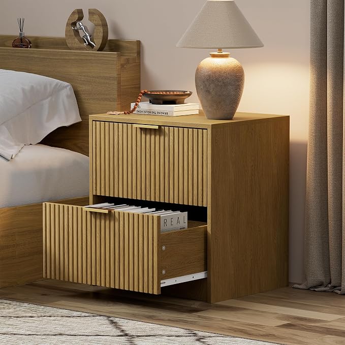 Furniway Nightstands Set of 2, Fluted Nightstand with Gold Metal Handles and 2 Drawers, Modern Bedside Table, 18.5" Wide Wood End Table for Bedroom, Natural - Image 4