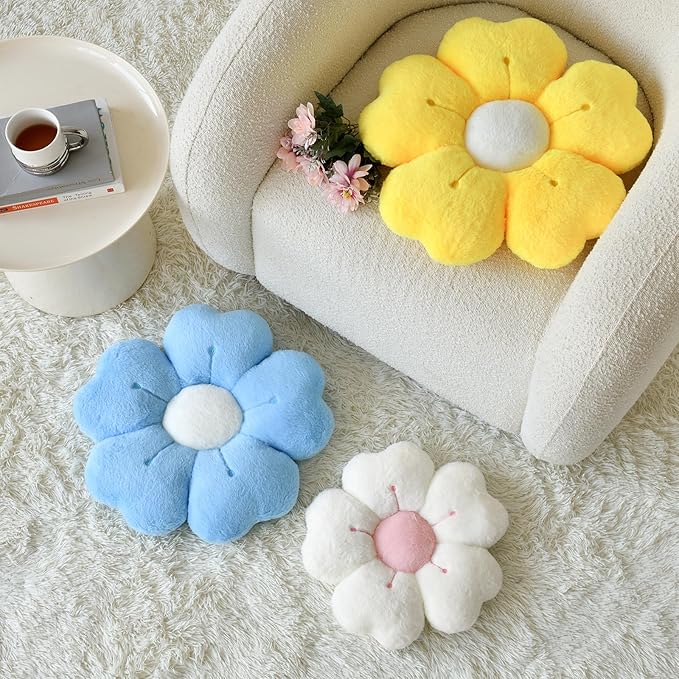 Flower Shaped Pillow, Cute Decorative Throw Pillows with Soft Artificial Rabbit Fur for Couch Bed Chair Floor, Christmas Pillow Seating Cushions with Room D??cor for Bedroom (14.9 Inches, Yellow)