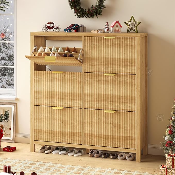 YOMILUVE 47.3" Shoe Cabinet Storage for Entryway, Fluted Shoe Cabinet with 6 Flip Drawers, Slim Shoe Rack Freestanding Wooden Shoe Organizer with Legs for Hallway, Oak - Image 3