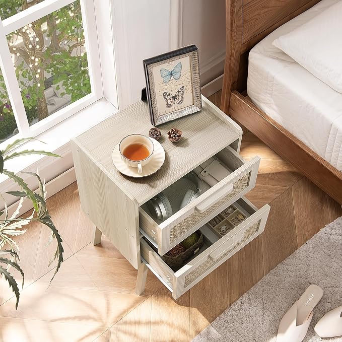 Lerliuo Rattan Night Stand, Boho 2 Drawers Nightstands, Grey White Bed Side End Tables with Solid Wood Legs, Bedside Table for Bedroom, Dorm and Small Spaces - Image 5