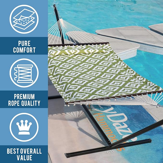 Lazy Daze Hammocks 12FT Quilted Fabric Hammock with Soft Pillow, Double 2 Person Tree Hammock with Spreader Bar for Outside Patio Poolside Backyard Beach, 450 lbs Capacity, Green Geometric - Image 2