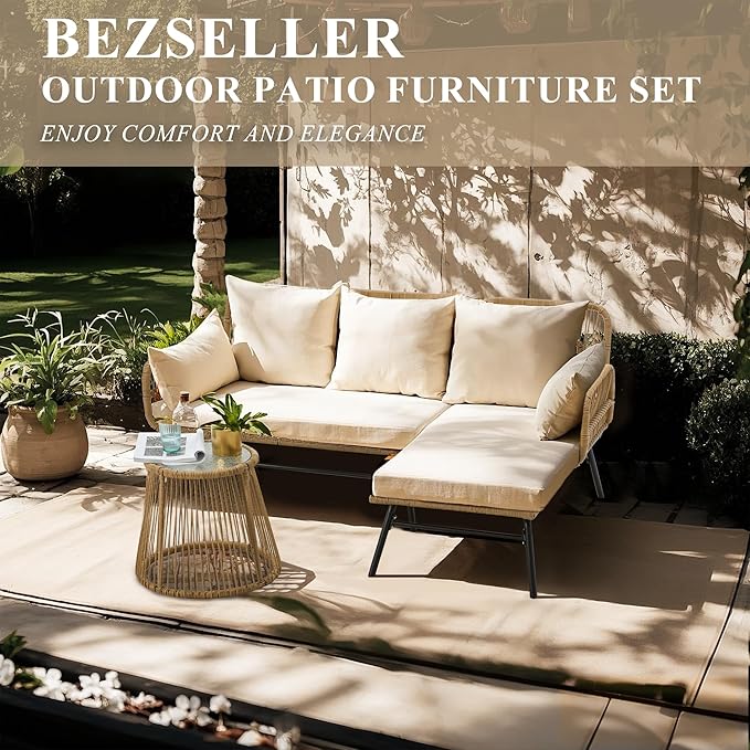 Bezseller 3-Piece Outdoor Patio Furniture Set – L-Shaped Rattan Sectional Sofa with Detachable Lounger, Glass Coffee Table & 4" Cushions – All-Weather PE Wicker for Backyard, Porch, Poolside