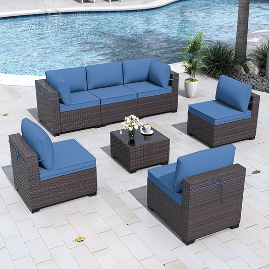 Gotland 7 Pieces Patio Furniture Set with 4’’ Thick Cushions, All-Weather PE Rattan Patio Set with 29.5'' High Backrest, Outdoor Furniture with Coffee Table for Porch Deck Garden Navy