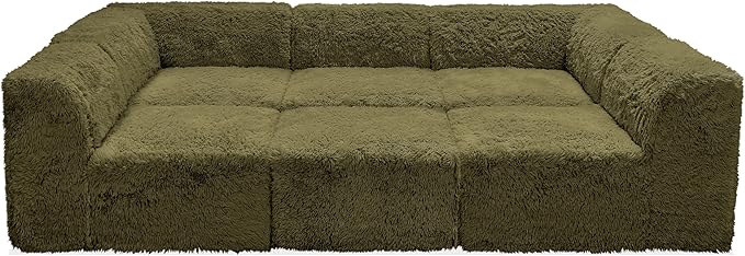 Furniture of America Havyn Modern Faux Fur 6-Seater Modular Foam Sofa Bed with Ottoman, Compressed Couch in a Box, No Assembly Required, for Living Room and Office, Olive Green
