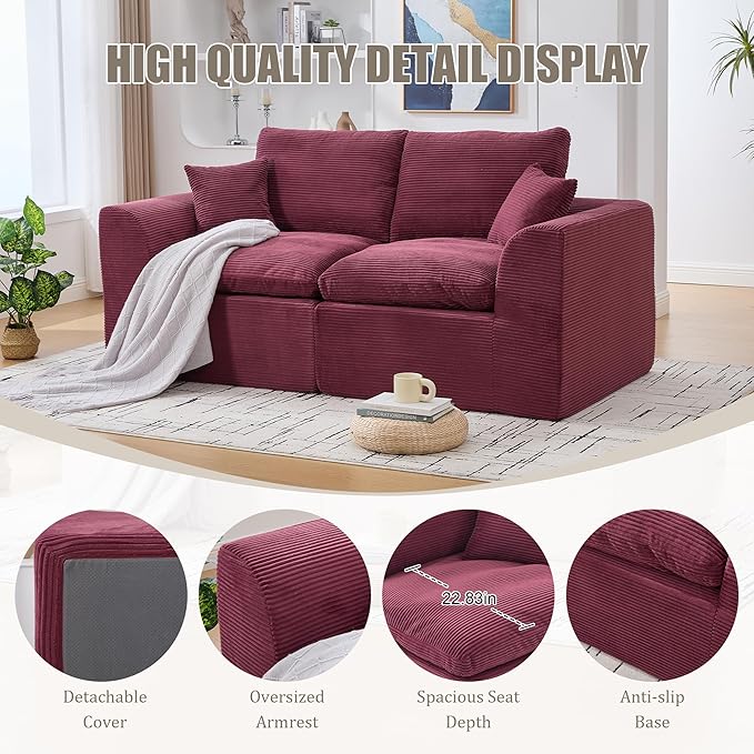 80.3" Cloud Loveseat Boneless Sofas for Living Room, 2 Seaters Modular Foam Cloud Sofa Couches, 2 Seat Compression Foam Couch with Toss Pillows, No Assembly Required
