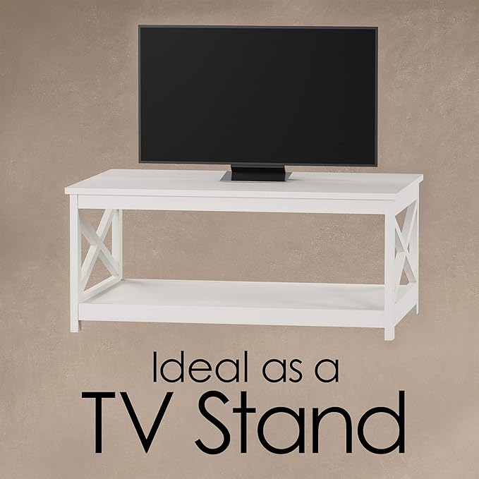 Coffee Table - 2-Tiered Wood Sofa Table - Low Profile and X-Leg Design Living Room Furniture for Storage, Display, or TV Stand by Lavish Home (White)
