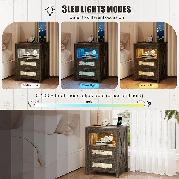 FREDEES Rustic Nightstand with Gun Drawer, End Table with Charging Station, LED Bedside Table with Human Sensor Light, Rattan Night Stand for Bedroom, Brown - Image 4
