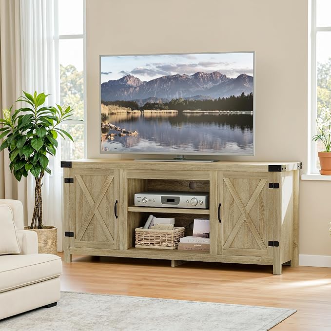 YESHOMY Modern Farmhouse TV Stand with Two Barn Doors and Storage Cabinets for Televisions up to 65+ Inch,Entertainment Center Console Table,Media Furniture for Living Room,Yellow Oak by SearchallYESHOMY