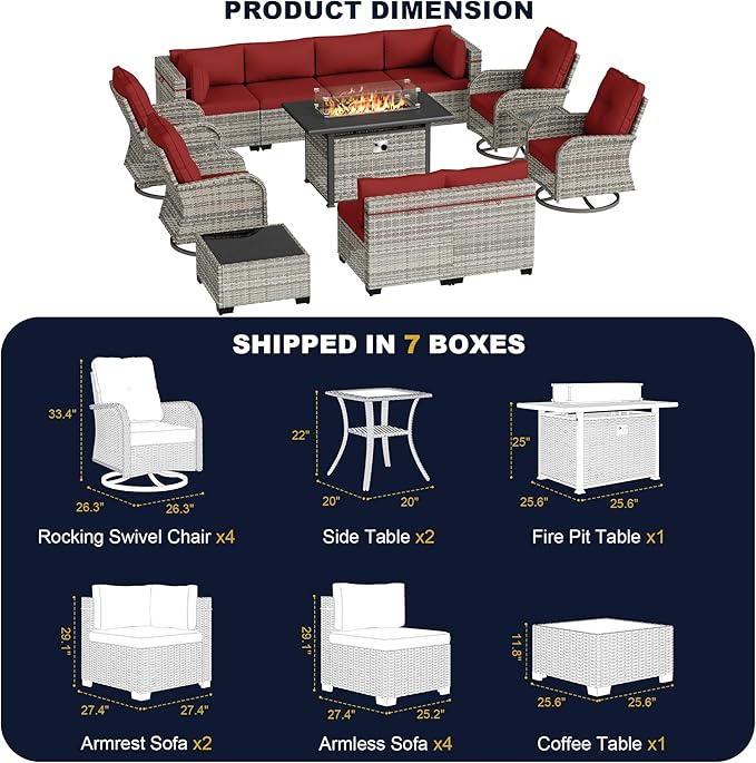 14-Piece Outdoor Patio Furniture Set with Rocking Swivel Chair, Wicker Rattan Sectional Sofa Conversation Set with 55,000 BTU Fire Pit Table, Backyard Furniture, Red