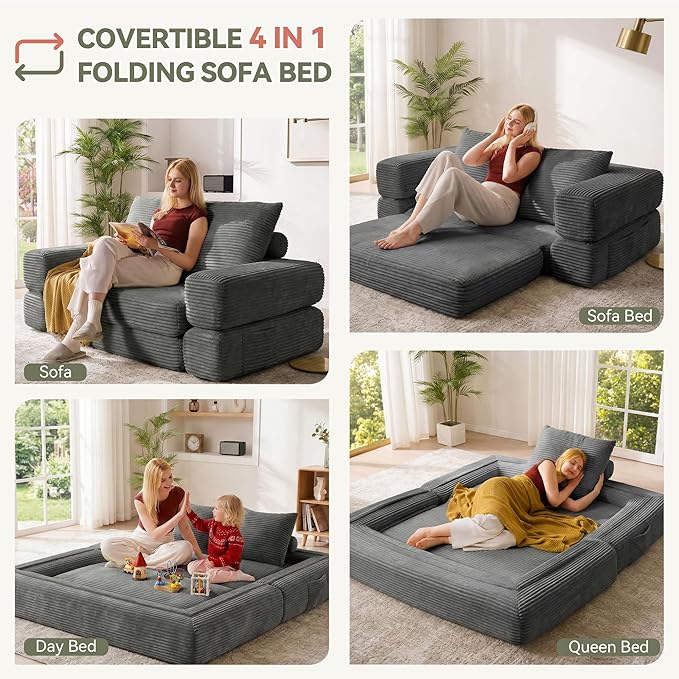 4-in-1 Convertible Folding Sofa Bed, 76 Inch Queen Size Foldable Sleeper Sofa Bed, Wide Corduroy Upholstery, Boneless Mattress Couch with Armrests & Neck Pillow for Living/Bedroom - Grey