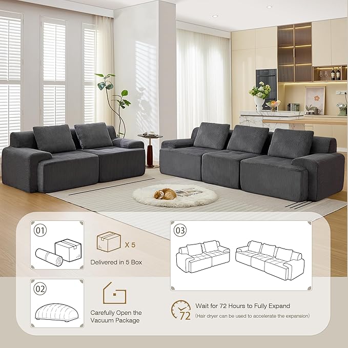 Modular Sectional Sofa, 6 Seat Modular Couch, Modular Sofa with Deep Seat and Detachable Pillow (Grey, Rowshape 2 Side)