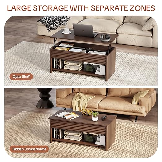 Fluted Lift Top Coffee Table for Living Room, Small Coffee Table with Storage Hydraulic Lift Large Capacity, Sturdy Legs Safe Round Corner, Easy Assembly for Small Spaces, Horizontal Grain-Brown