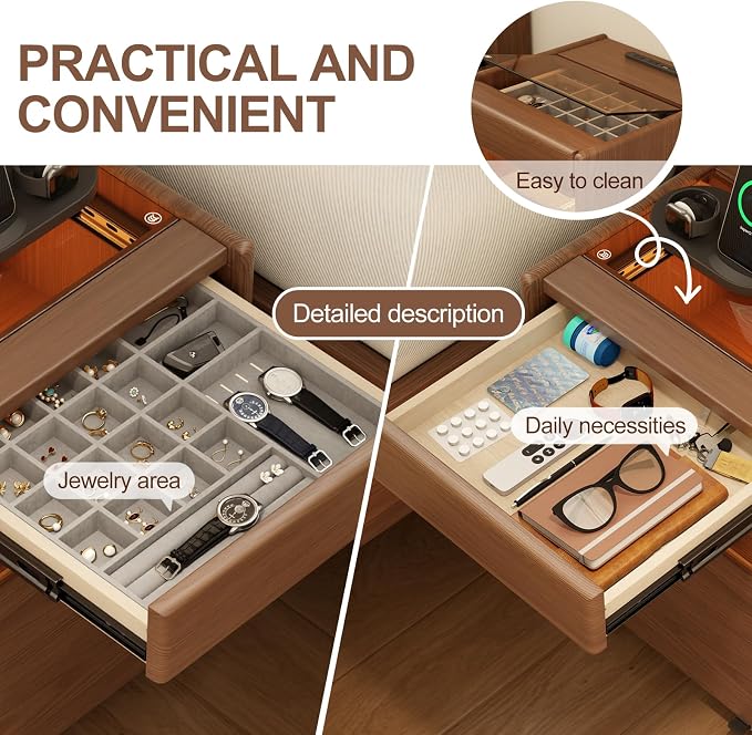 3 Drawers Nightstands with Charging Station,Modern Nightstand with Hidden Drawer,Jewelry Drawer,Mobile Bedside Table for Bedroom,Walnut Finish - Image 4