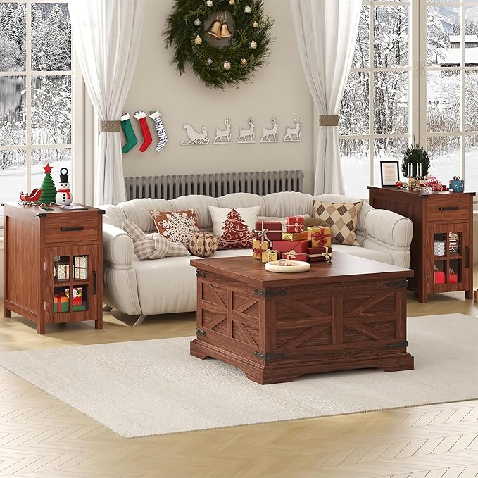 Farmhouse Coffee Table with Storage, Square Center Table for Living Room, Hinged Lift Top Soft Close, Wooden Large Hidden Storage with Metal Corner, Cherry Wood