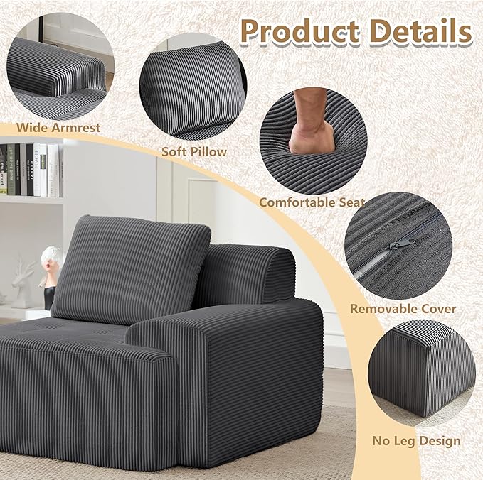 KIGOTY Modular Sectional Sofa, Comfy Cloud Sectional Couch with Right Armrest, Corner Couch, Modern Boneless Sofas for Living Room, No Assembly Required, Grey