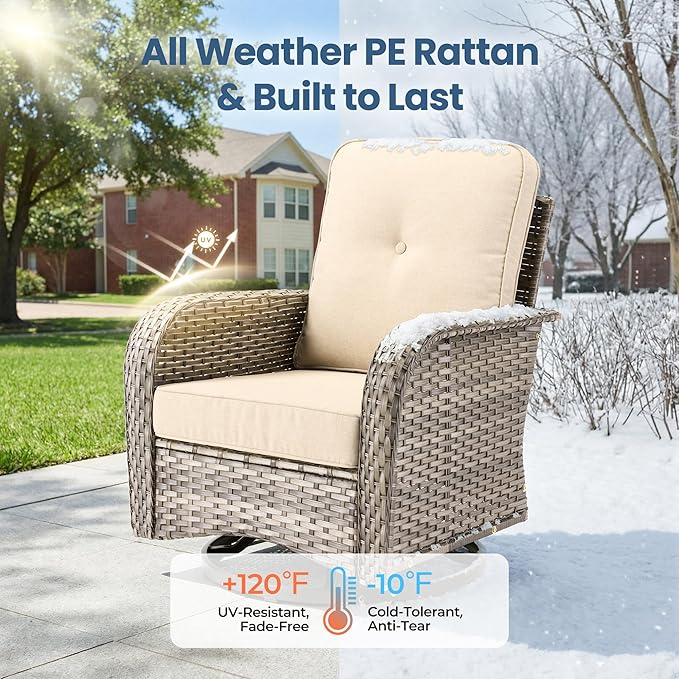 5 Pieces Wicker Patio Furniture Set, High Back Swivel Rocker Chairs Outdoor Loveseat Sofa and Rattan Coffee Table, Outdoor Conversation Sets for Porch Deck Backyard Poolside, Beige
