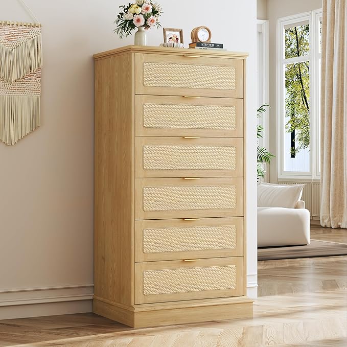 HUAHUU 6 Drawer Dresser for Bedroom, 50 Inch Tall Dressers & Rattan Chest of Drawers, Boho Style, Wood Modern Dressers Organizer for Bedroom, Living Room, Hallway, Entryway, Oak by HUAHUU