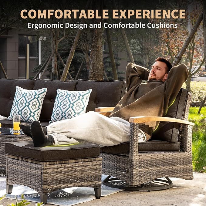 MEISSALIVVE 7 Pieces Patio Furniture Sets, PE Wicker Outdoor Conversation Sets with 2 Wood Armrests Swivel Rocker Chairs, 2 Ottomans, 2-seat Sofa and Dining Table (Black)