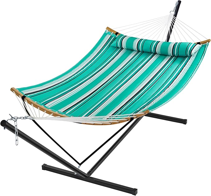SUPERJARE Hammock with Stand, 2 Person Heavy Duty Hammock with Padded Cotton, Detachable Pillow & Strong Curved-Bar & Portable Carrying Bag, Perfect for Outdoor & Indoor, Mint Green with Stripes by SUPERJARE