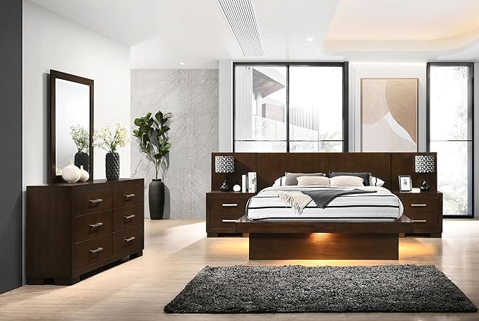 Coaster Home Furnishings Jessica Contemporary 5-Piece Bedroom Set Queen Size LED Panel Bed Frame 43-inch Headboard Cappuccino 200711Q-S5P