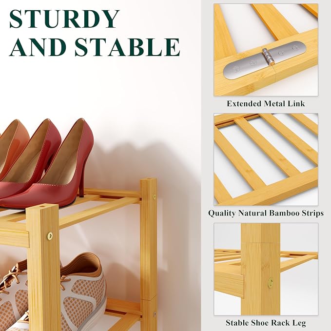 Smiry Shoe Rack, 3 Tier Bamboo Shoe Organizer, Stackable Free Standing Wooden Shoe Storage Shelf for Closet, Entryway, Front Door Entrance, Natural - Image 3