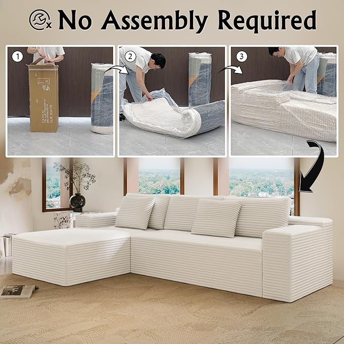 White sectional couches for Living Room Corduroy Couch，104" Cloud Sectional Couch with L-Shape Chaise， Modern Modular Sofa, Deep Seat Comfort, No Assembly Required(Plush Corduroy Fabric)