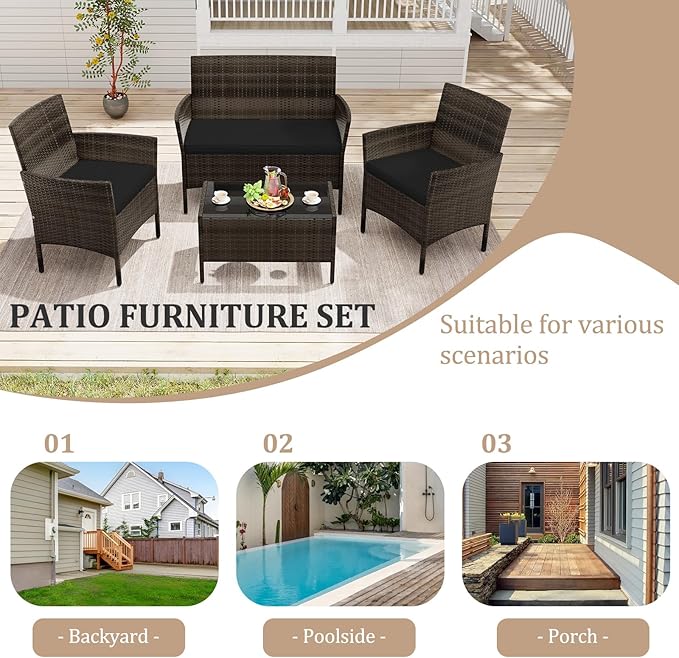 KOTEK 8 Piece Patio Furniture Set, Outdoor Rattan Conversation Set with Loveseat, Wicker Chairs, Tempered Glass Coffee Table, Wicker Patio Set for Backyard, Porch (Black)