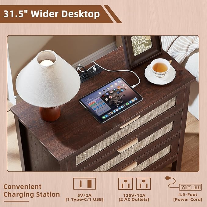 LEYAOYAO 31.5" Wide Rattan Nightstands Set of 2 with Charger Station, Large Boho 3 Drawer Night Stand, Retro Walnut Bedside Table with Storage, Bed Side End Tables for Bedroom, Living Room, Hallway - Image 4