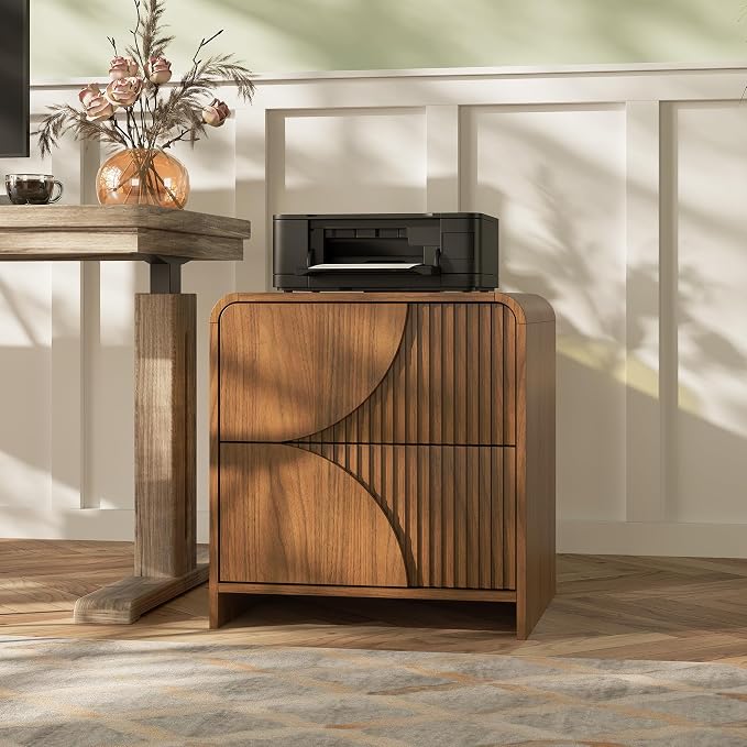 Nightstand Set of 2,Fluted Nightstand with Charging Station, 20" Side Table with 2 Drawers Modern Night Stand Wooden End Table Bedside Table with Curved Design for Bedroom,Walnut - Image 6