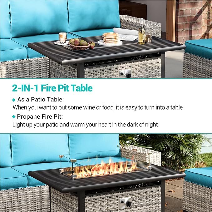 8-Piece Outdoor Patio Furniture Set with 55,000 BTU Fire Pit Table, PE Wicker Rattan Sectional Sofa Conversation Set - All-Weather Garden, Backyard Furniture, Turquoise
