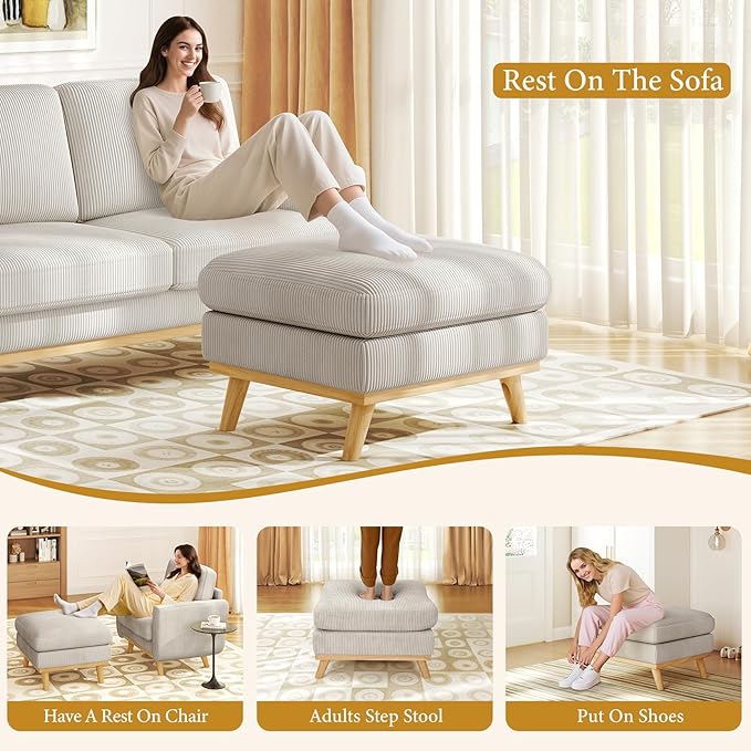 Vesgantti Large Ottoman for Modular Sofa, 29.5" Corduroy Ottoman with Spring Cushion, Rectangle Foot Rest for Couch, Entrance Footstool with Wood Legs, Footstool for Living Room, Bedroom, Light Gray