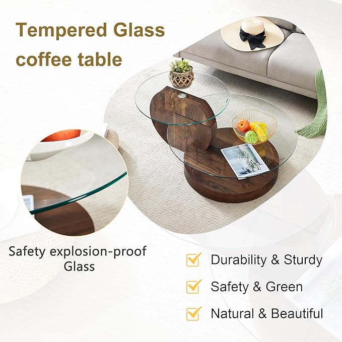 42" Glass Coffee Table, Round Coffee Table, 2-Tier Tempered Glass Tabletop with Walnut Base, Modern Center Table for Living Room, Home, Apartment, Ideal for Small Space