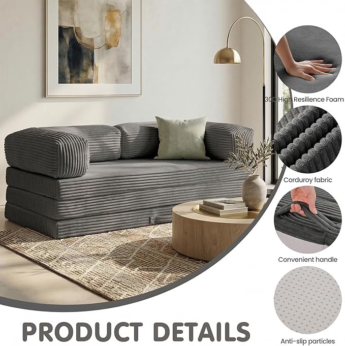 Folding Sofa Bed, Convertible Sleeper Chair with Pilow Foldable Matress, 2 in 1 Pull Out Loveseat Sofa Portable Fold Out Chair Bed Floor Couch Lounge for Living Room (Grey, King-82 Lx76 W)