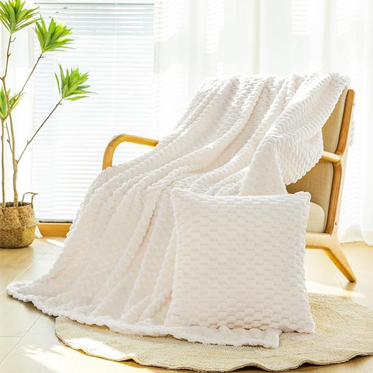 Bnuitland Flannel Throw Blanket, 300 GSM Fleece Cozy Warm Soft Home Decor Lightweight Bed Sofa Blanket for Adults, Suitable for All Seasons(Ivory,50X71 inches with Pillow Cover)