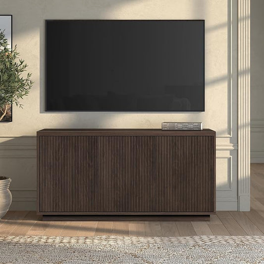 Henn&Hart Fluted TV Stand for TVs up to 55" with 3 Swing Out Ribbed Doors and Adjustable Shelves for Living Room, Family Room, or Office, Rich Brown by HennHart