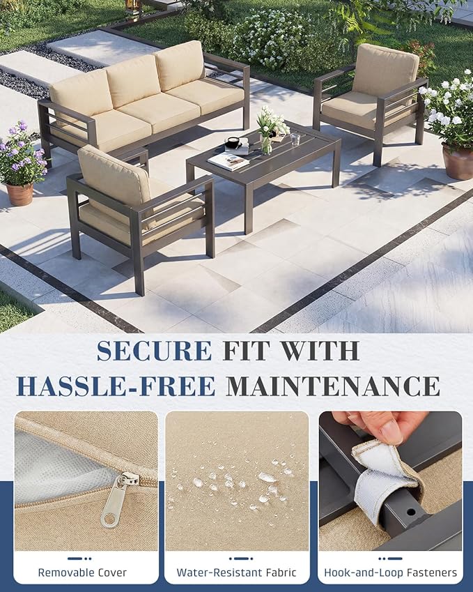 AECOJOY Aluminum Patio Furniture Loveseat, Modern Outdoor Furniture with Washable 5 inch Thick Cushion, Beige