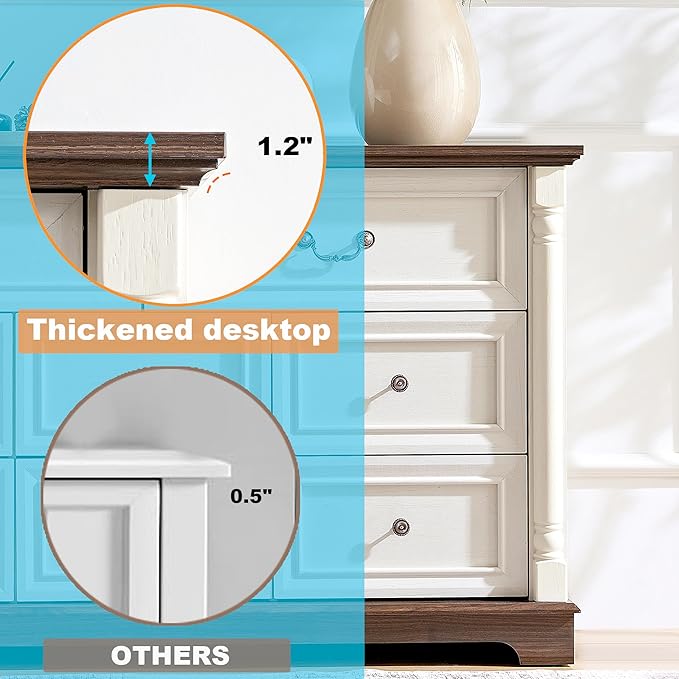 OKYCI 3PC Farmhouse Dresser and Nightstand Sets for Bedroom, Including 8 Drawer Dresser & 2 Drawer Night Stand Set of 2 with USB,Antique White