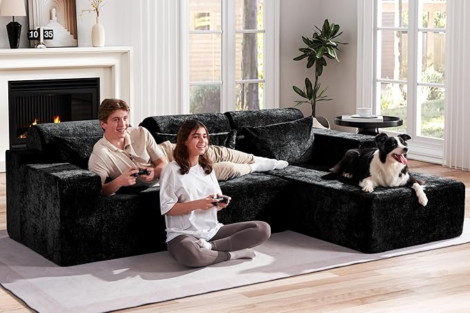 Homguava Modular Sectional Couches for Living Room,105" Cloud Couch with L-Shape Chaise,Comfy Sofa Living Room Couch with Deep Seat,No Assembly L Couch,Luxury Distressed Velvet(Black,R)