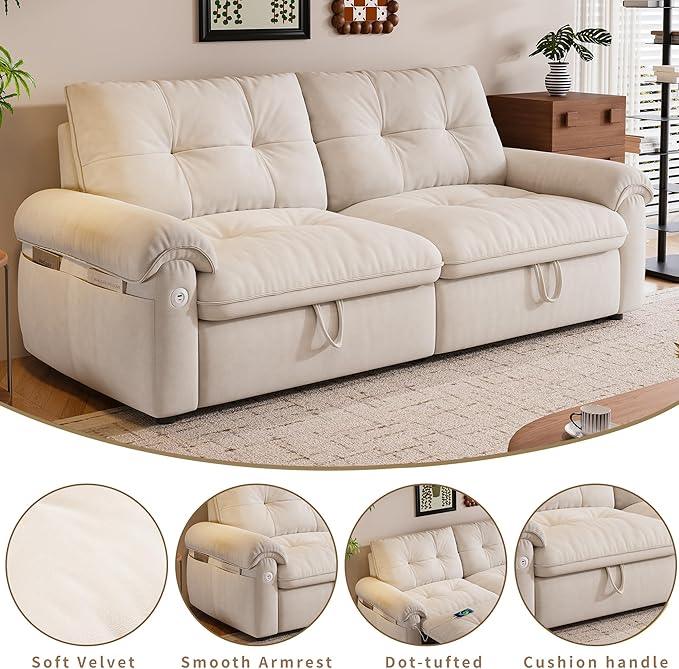 KEIKI 77" Modular Sectional Sofa with Pull-Out Bed, Convertible Sleeper Sofa Bed, 3-Seater Sleeper Sofa Couch for Living Rooms, Bedroom, Apartment, Beige