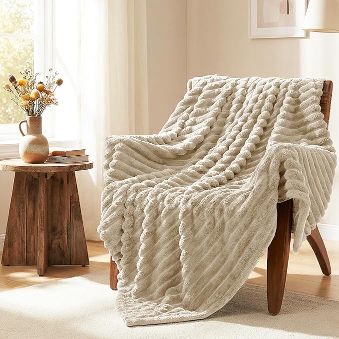 IMEET Linen Ribbed Twin Blanket for Bed - 300GSM Lightweight Soft Fleece Blanket for Men Women, Cozy Blankets Graduation Birthday Gifts, Striped Spring Home School Dorm Decor, Linen, 60x80 Inches